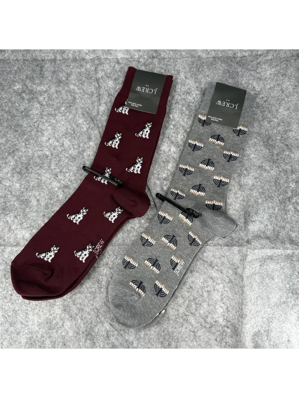 Bundle of 2 J. Crew Lightweight Dress Socks Menorahs Dogs Gray Burgundy 928